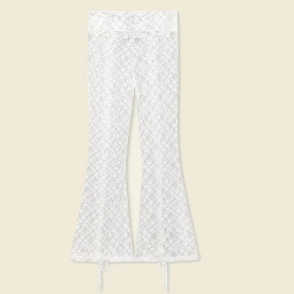House of Sunny Lovers Lace Sheer Kick Flare Pants Porcelain NEW - Picture 5 of 10